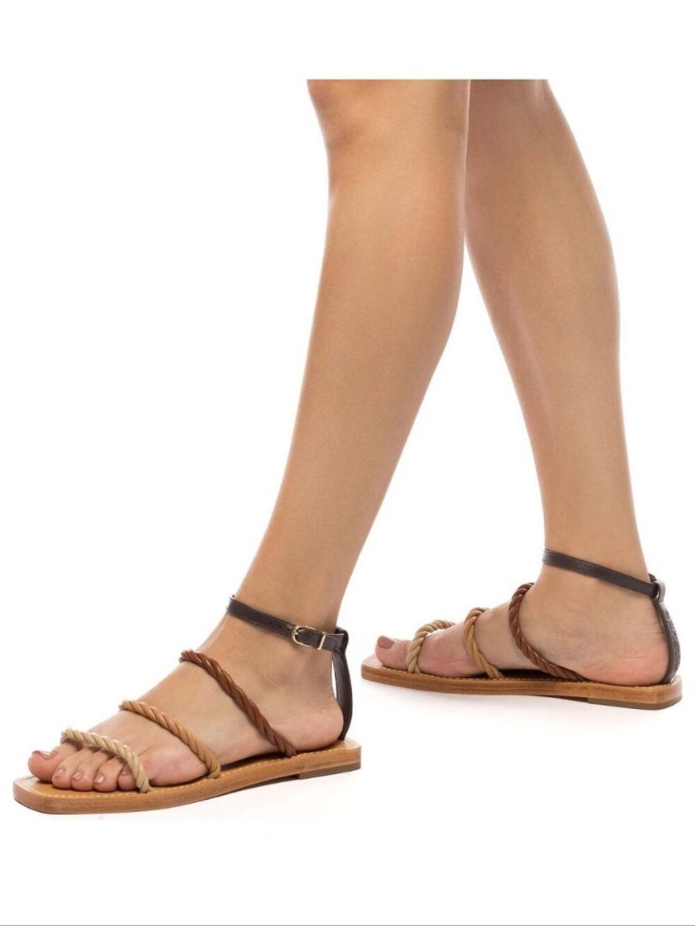 Larroude Santorini Twist Strap Flat Sandals Size 7 Brown Beige Leather NEW